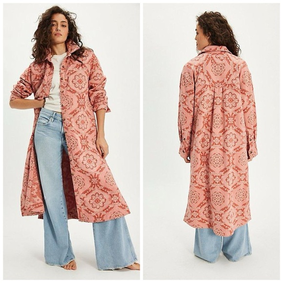 Free People Jackets & Blazers - Free People Brick Lane Jacquard Maxi Shirt Jacket Floral Pink Small